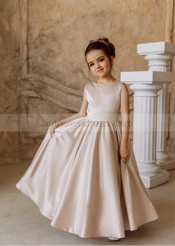 Dusty Rose Satin Lace Sheer Back Flower Girl Dress